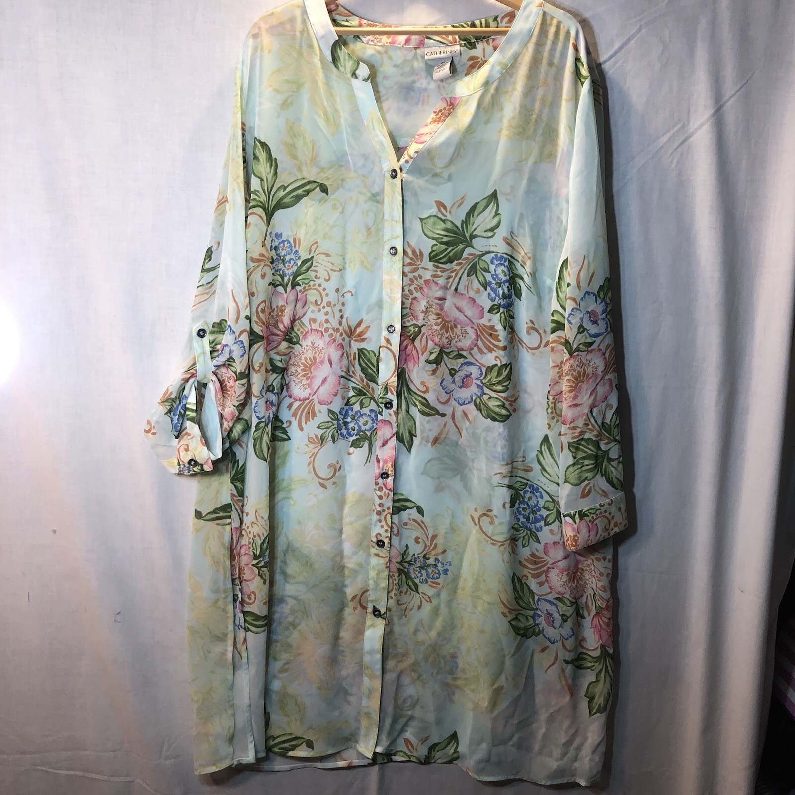 Catherines Sz 2X Pale Green Floral Chiffon Pink Blue Button Up Semi Sheer Dress
