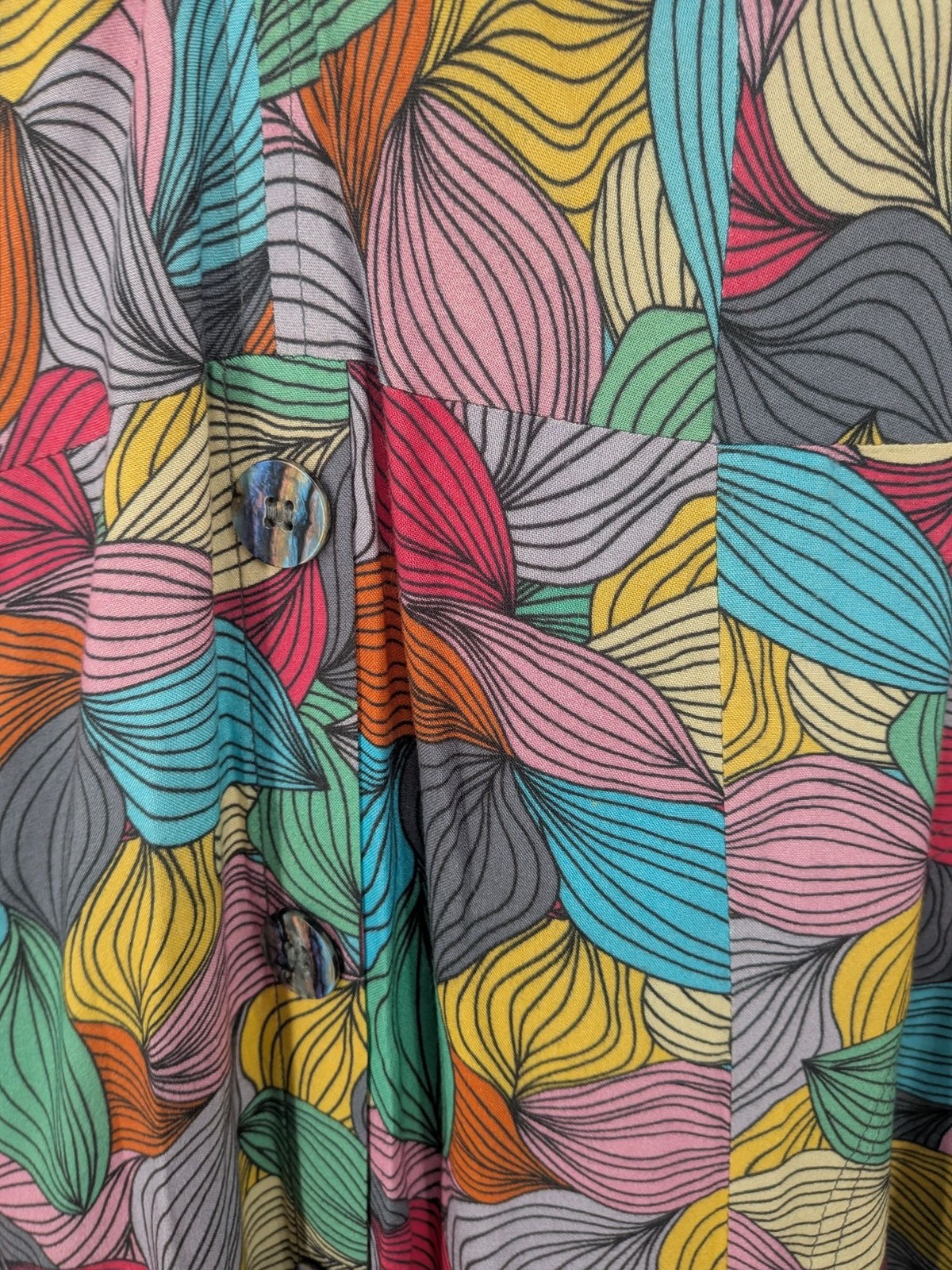 Abstract Leaf Print Dress Button Front Boho Retro Artsy Bohemian Colorful Small