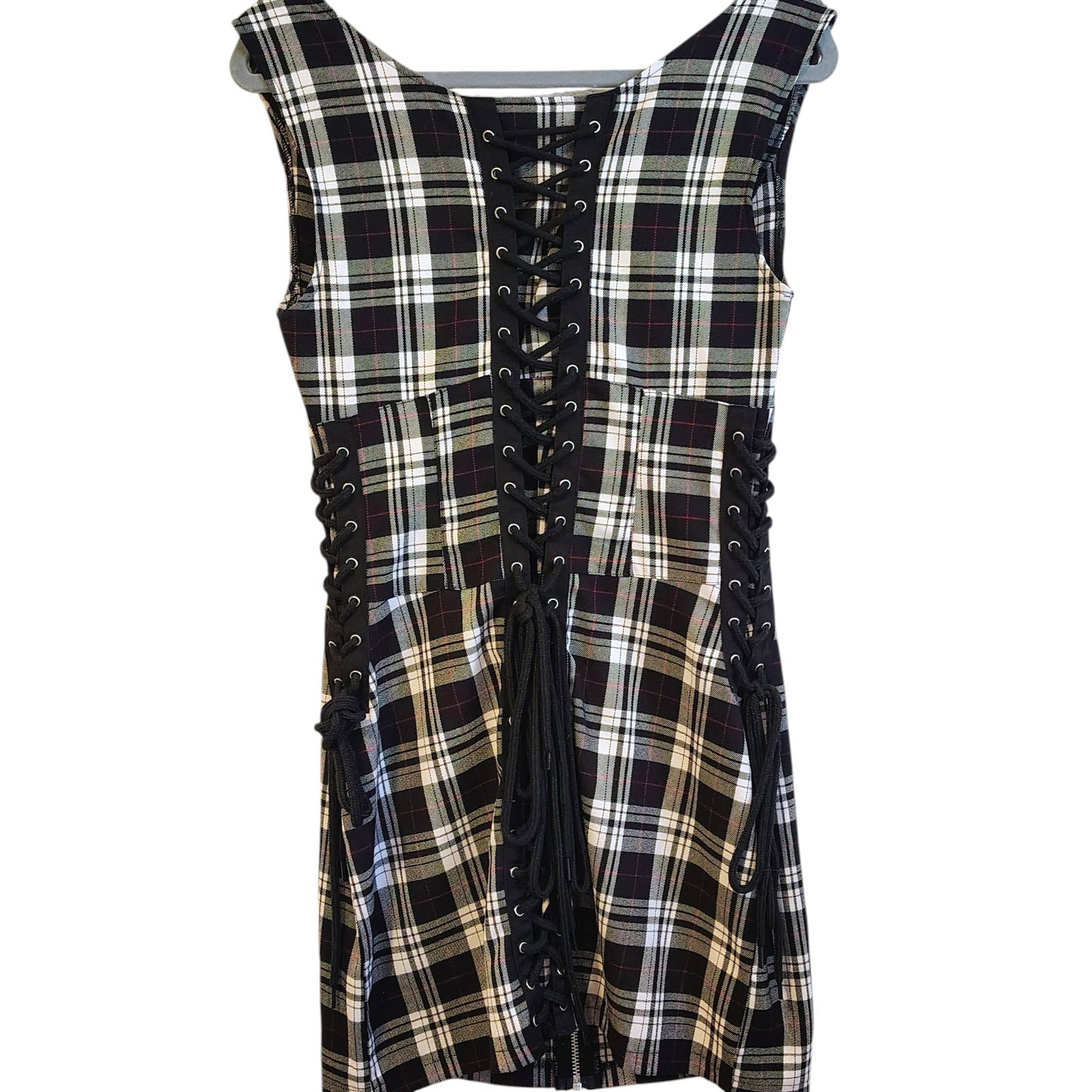 Hell Bunny Size Large Black White Plaid Corset Dress O-Rings Lace Up Sides Back
