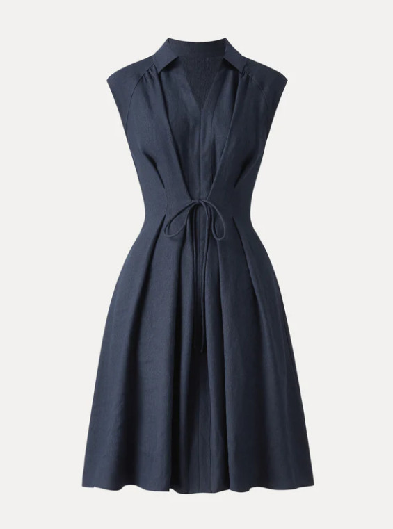 OGL Viscose-Linen Collared V-neck Midi Dress with Drawstring Pick Color/Size NWT
