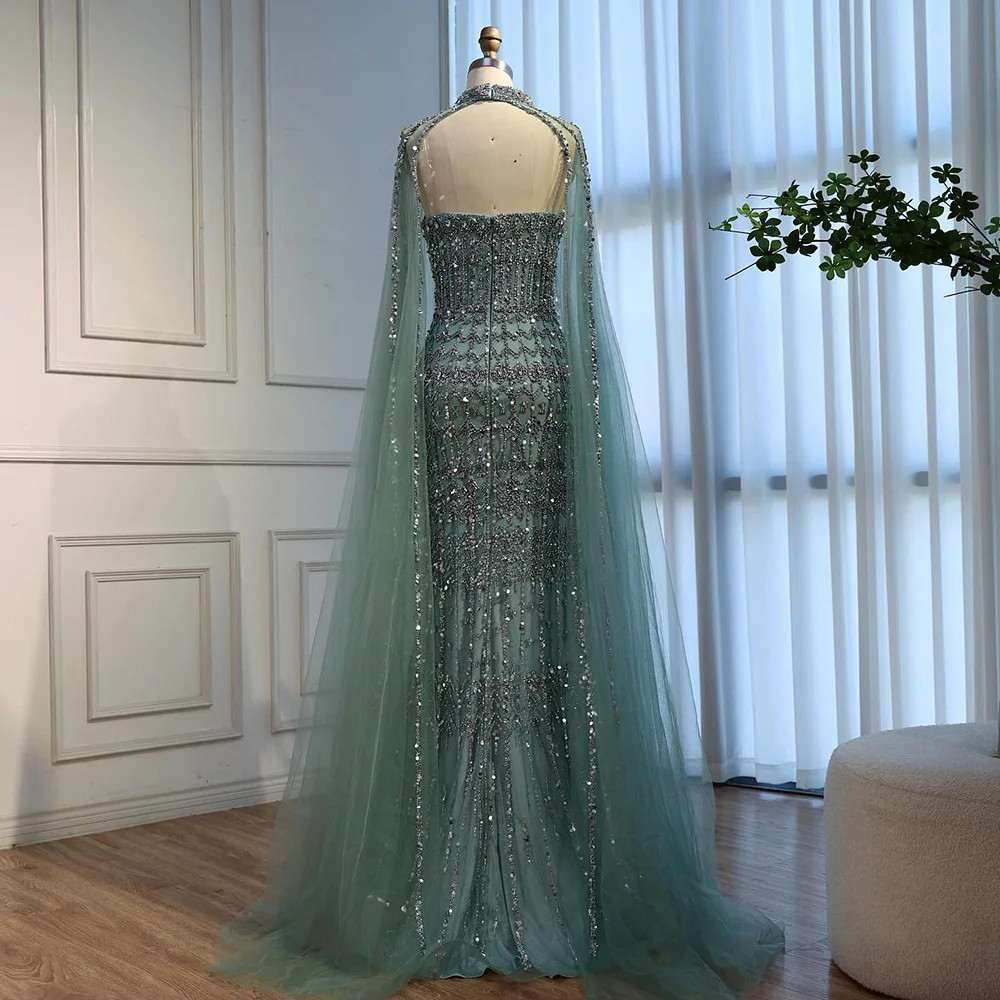 Beaded Mermaid Evening Dress, with Detachable Cape and Long Sleeve Luxury Gown-