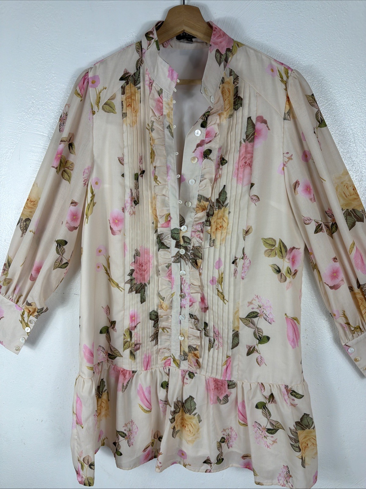 Beulah Style Ruffled Beige Yellow And Pink Long Sleeves Floral Midi Dress M