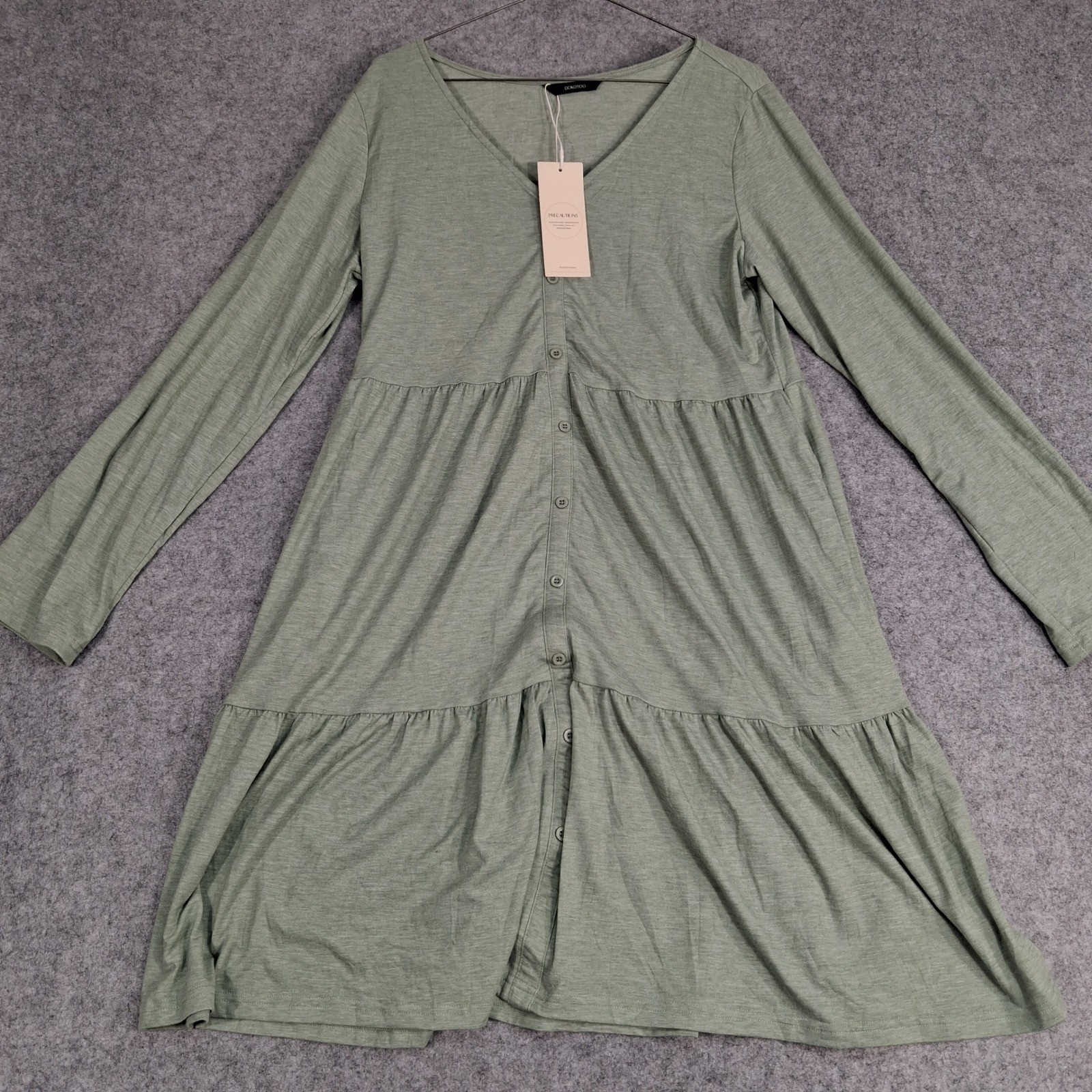 Dokotoo Button Front Dress Womens Large Green Tiered Long Sleeve Babydoll Knit