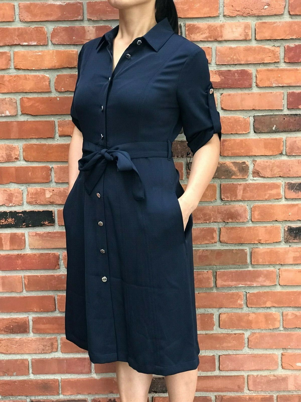 NWT Tommy Hilfiger Women’s Belted Solid Shirtdress Navy All Sizes 2 4 6 8 10 12