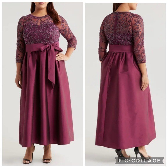 Pisarro Nights Beaded Illusion Neck Taffeta Dress Wine 10