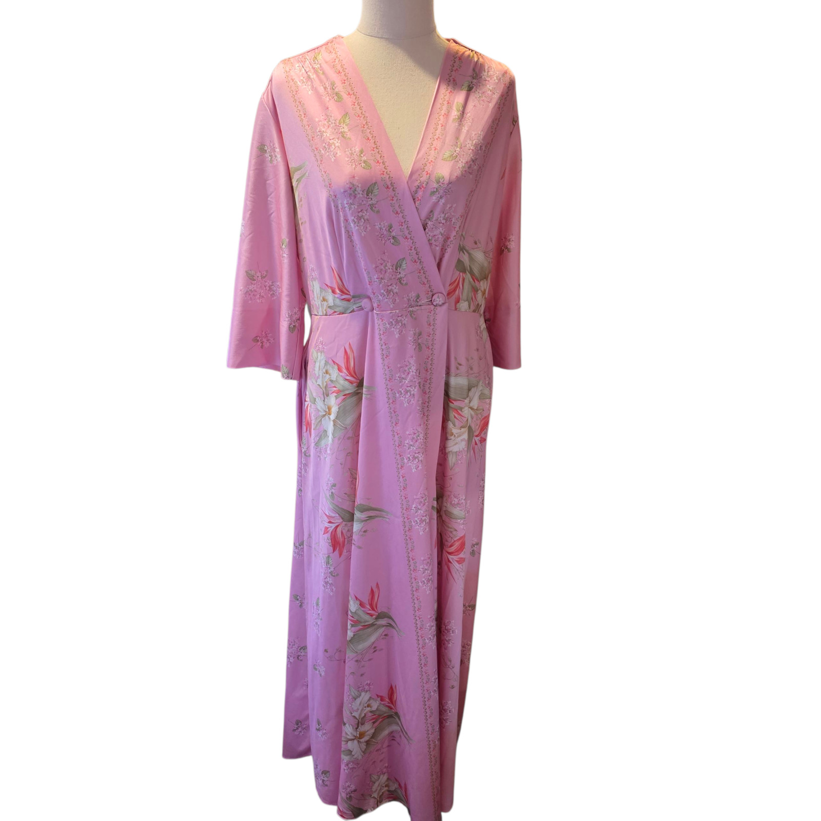 Vintage Ralstan Pink House Dress Gown Size 12 Birds Paradise Floral Kimono Long