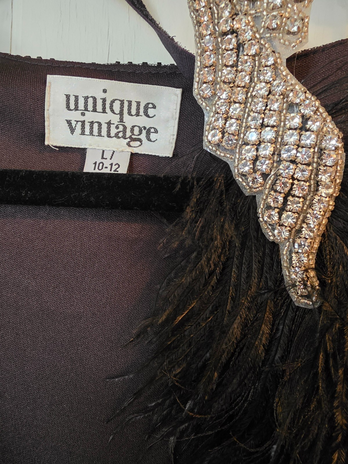 Unique Vintage L 10-12 Black Sequin Beaded Fringe Flapper Dress with Headband