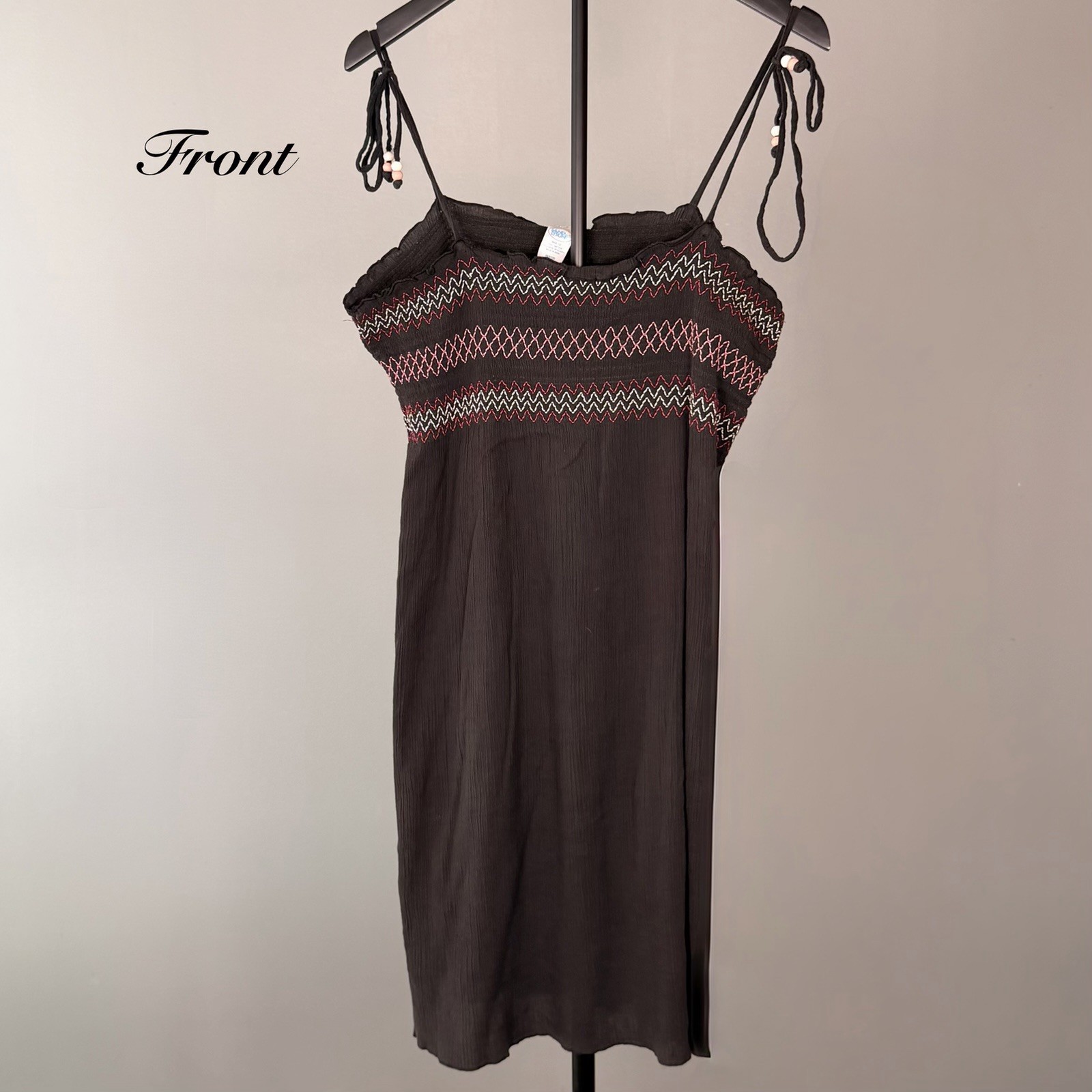 Sand N Sun Black Smocked Tie Strap Midi Dress Boho Y2K Beach Cover M Vacation