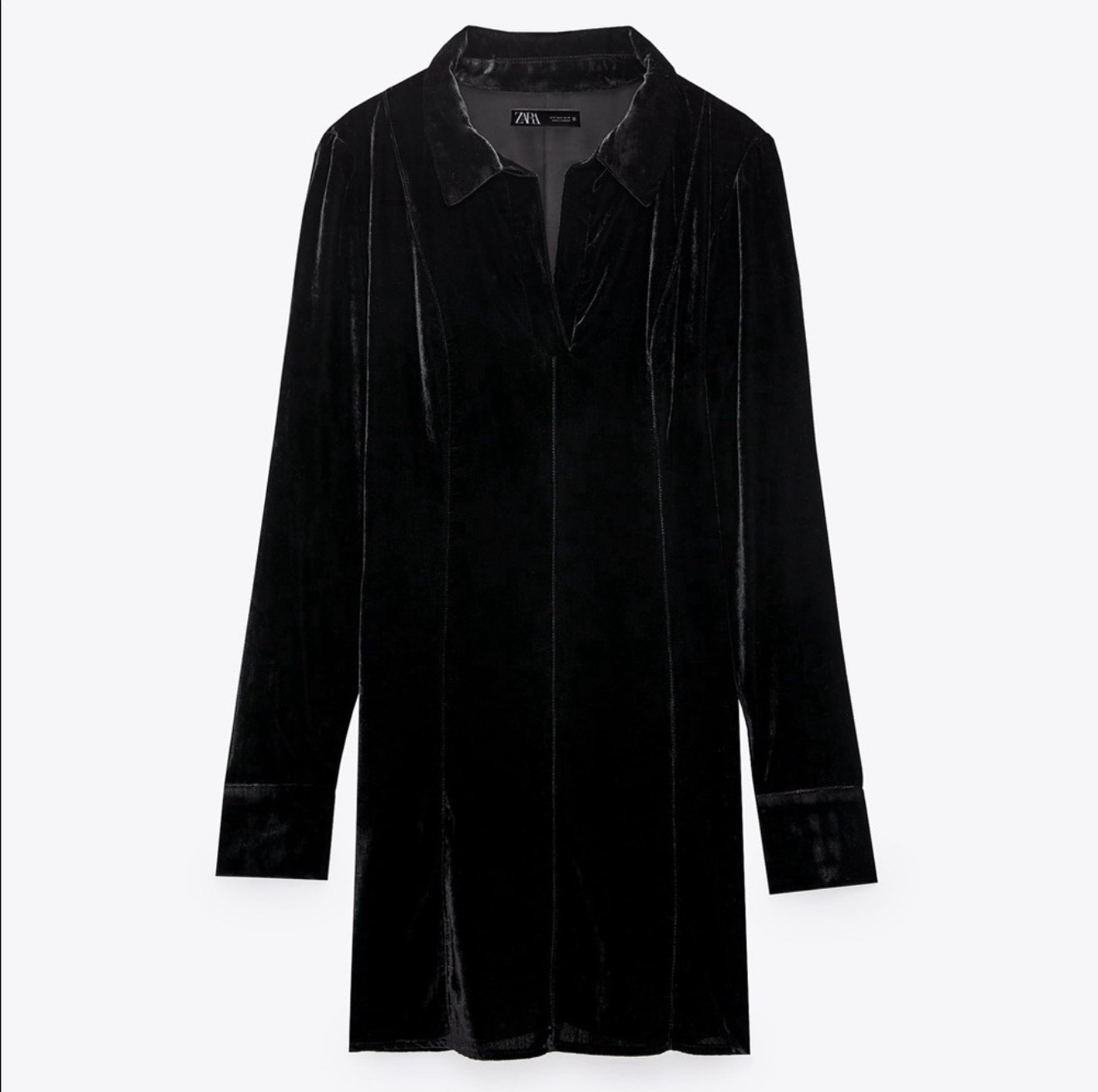 Zara Black Velvet Collared V-Neck Button Cuffed Long Sleeve Mini Dress