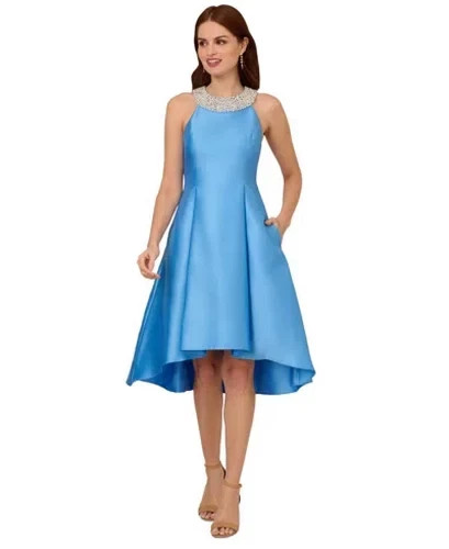 Adrianna Papell Blue Mikado Fit & Flare Beaded Neck Midi Dress Size 6 $179