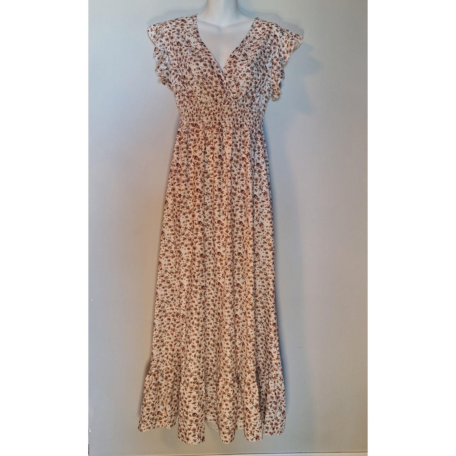 SHEIN Floral Smocked Waist Maxi Dress Brown Cream Ruffle Cap Sleeve Size Small