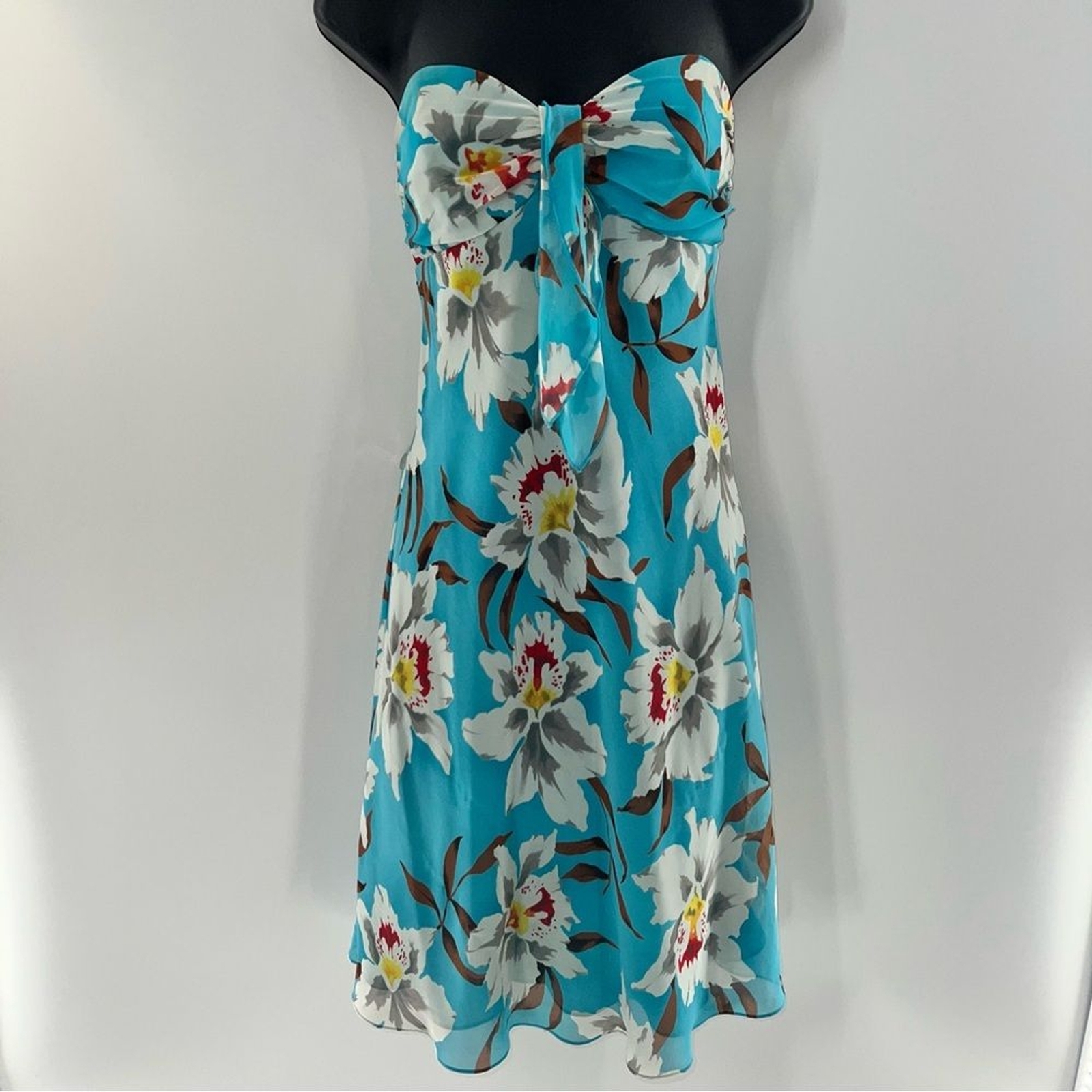ABS Allen Schwartz Strapless Mini Blue w/White, Green, Red Floral Print Dress-4