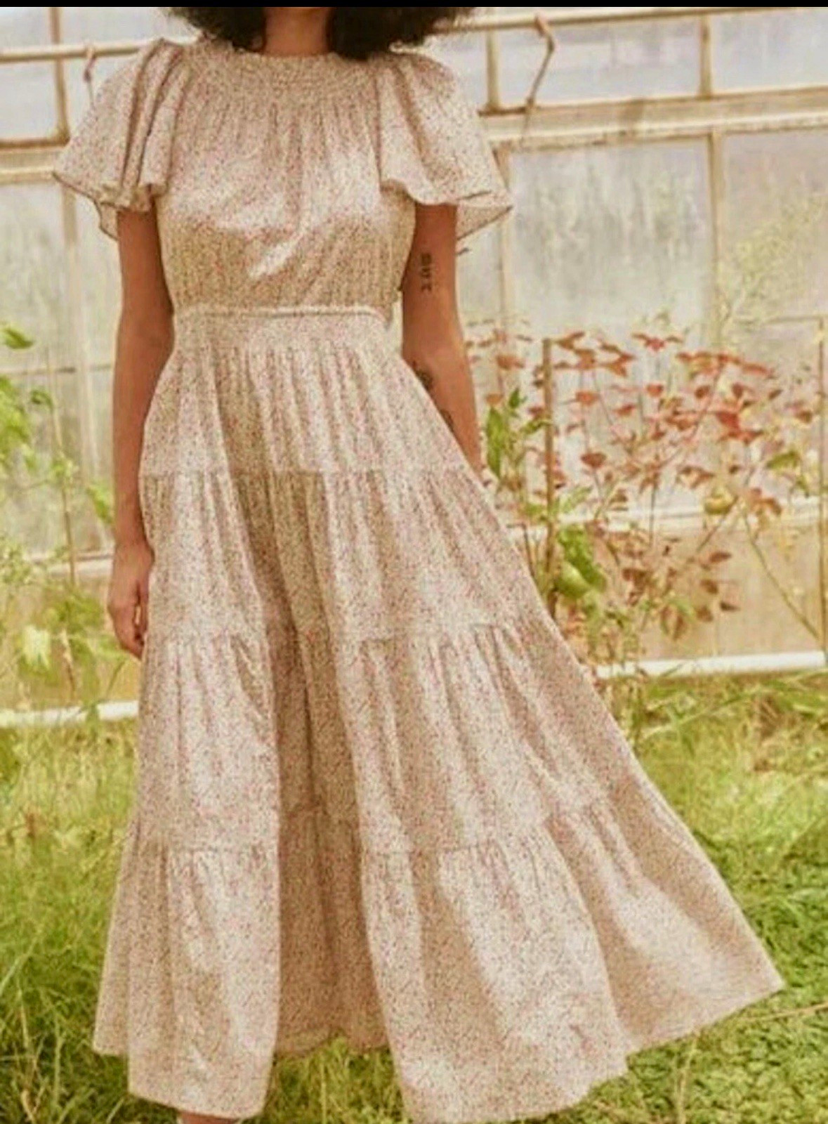 The Great Floral Off-Shoulder Smocked Flutter Sleeve Midi Dress Cotton M