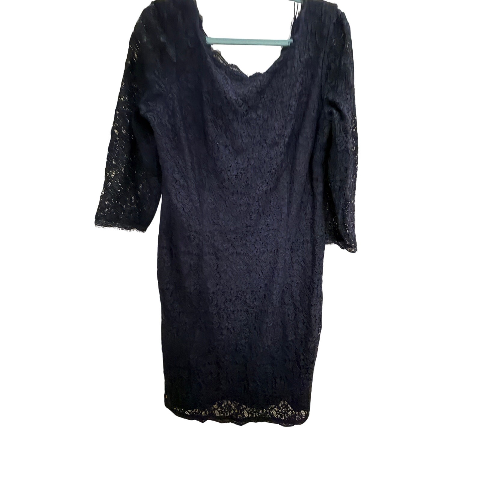 Adrianna Papell Evening Lace Dress Navy Sheath 3/4 Sleeve Formal Size 16W