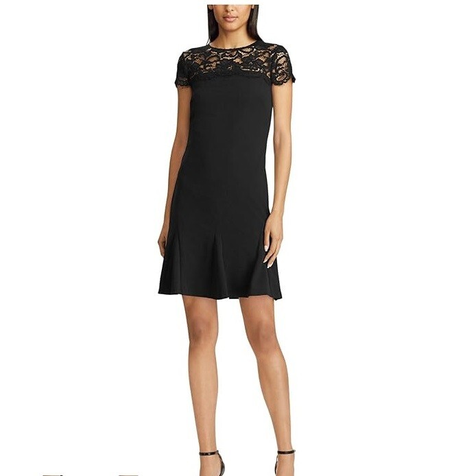 Ralph Lauren Women 2 Black Lace Short Sleeves Knee Length Dress NWT CY47