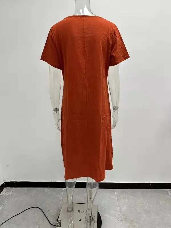Women Round Neck Short Sleeve Double Pocket Loose Cotton Linen Knee Length Dress