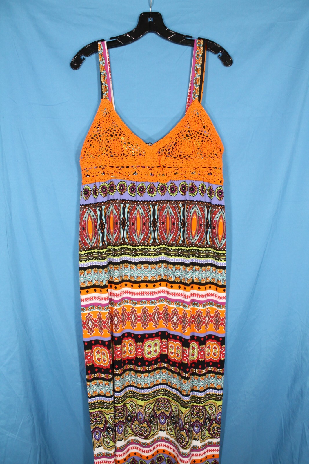 COCOMA Stretch Knit CROCHET BUST Smock Back TIE Sleeveless Boho MAXI DRESS Sz L