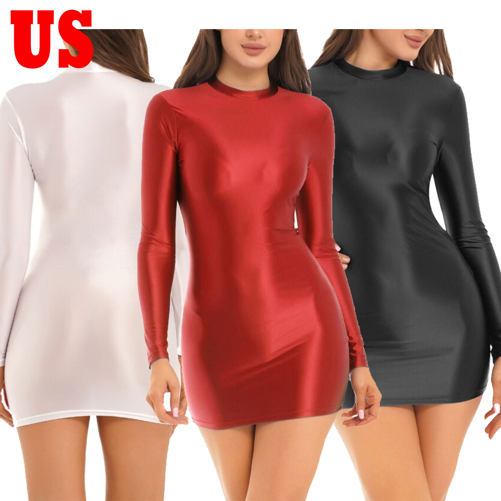 US Women Sexy Oil Glossy Shiny Micro Mini Bodycon Tight Pencil Bandage Dress