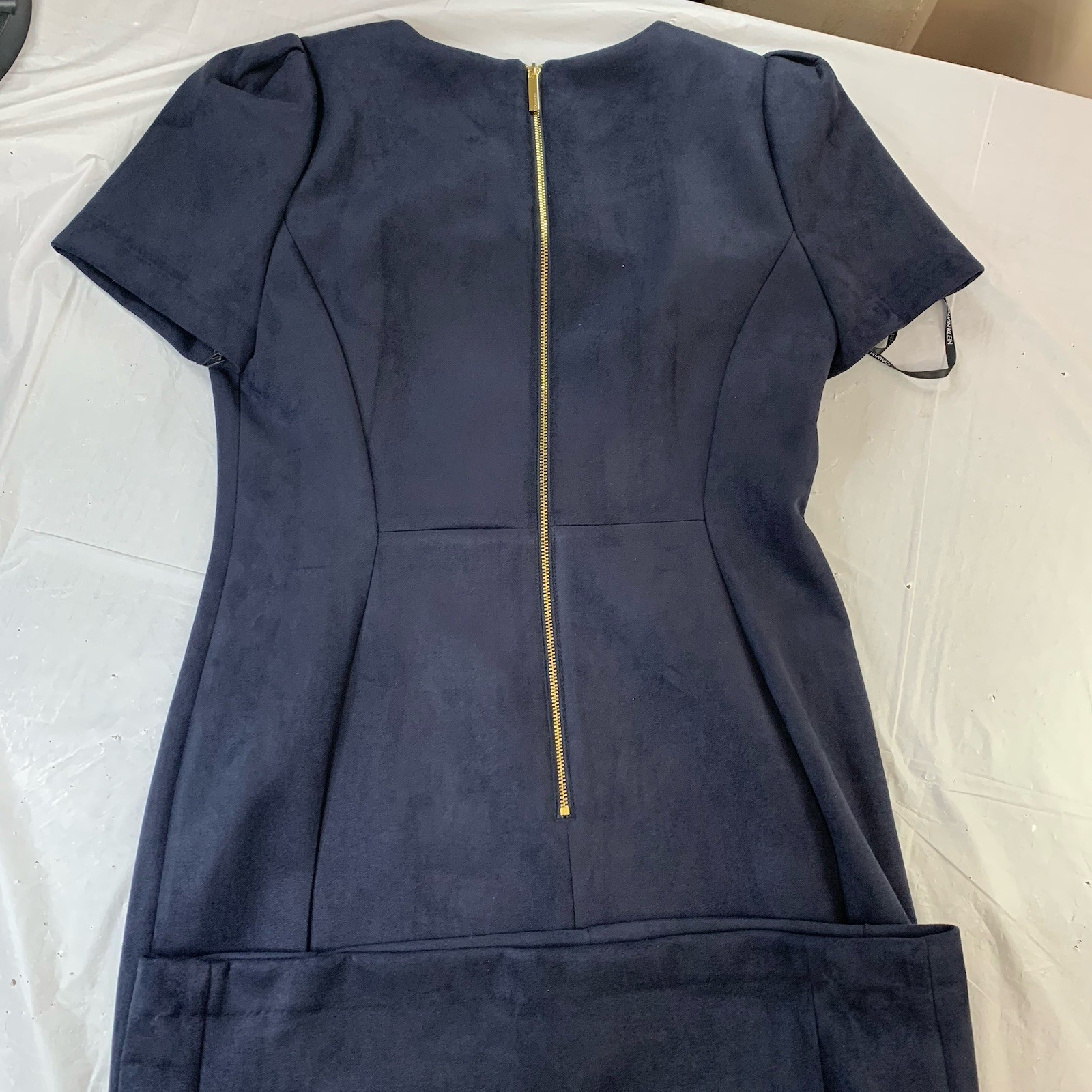 NWT Calvin Klein Tulip Sleeve Sheath Dress in Blue Ponte Sued Womens Size 10 NEW