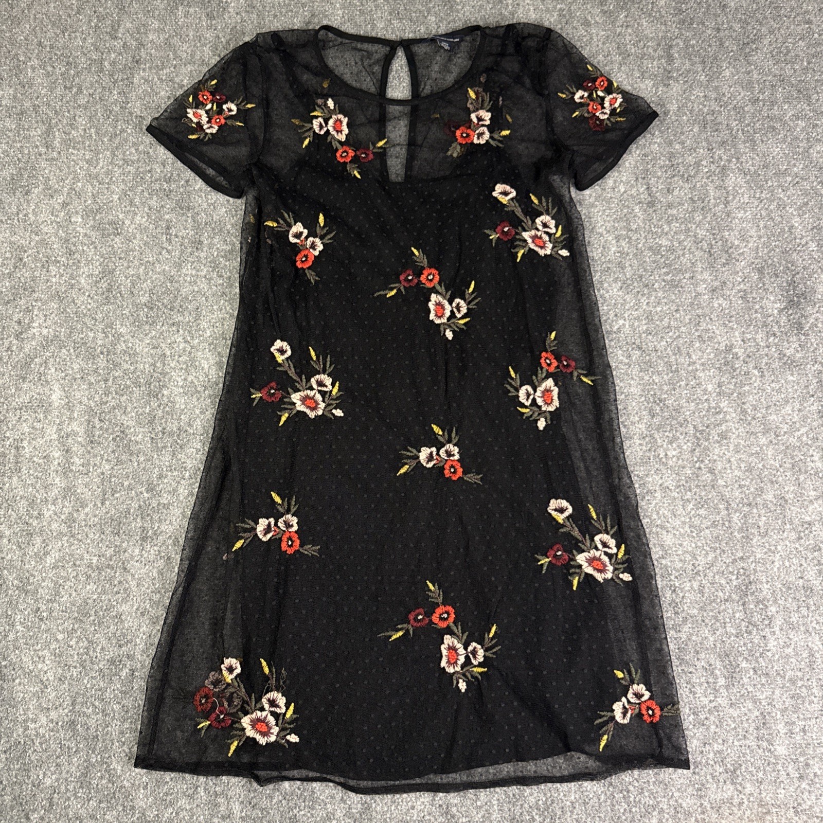 American Eagle Embroidered Floral Layered Black Lace Swiss Dot Dress Small