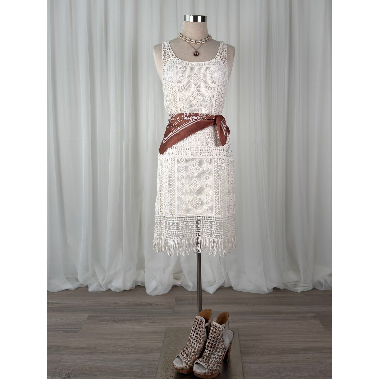 Lauren Ralph Lauren White Crochet Fringe Shift Dress Womens Petite XS Boho