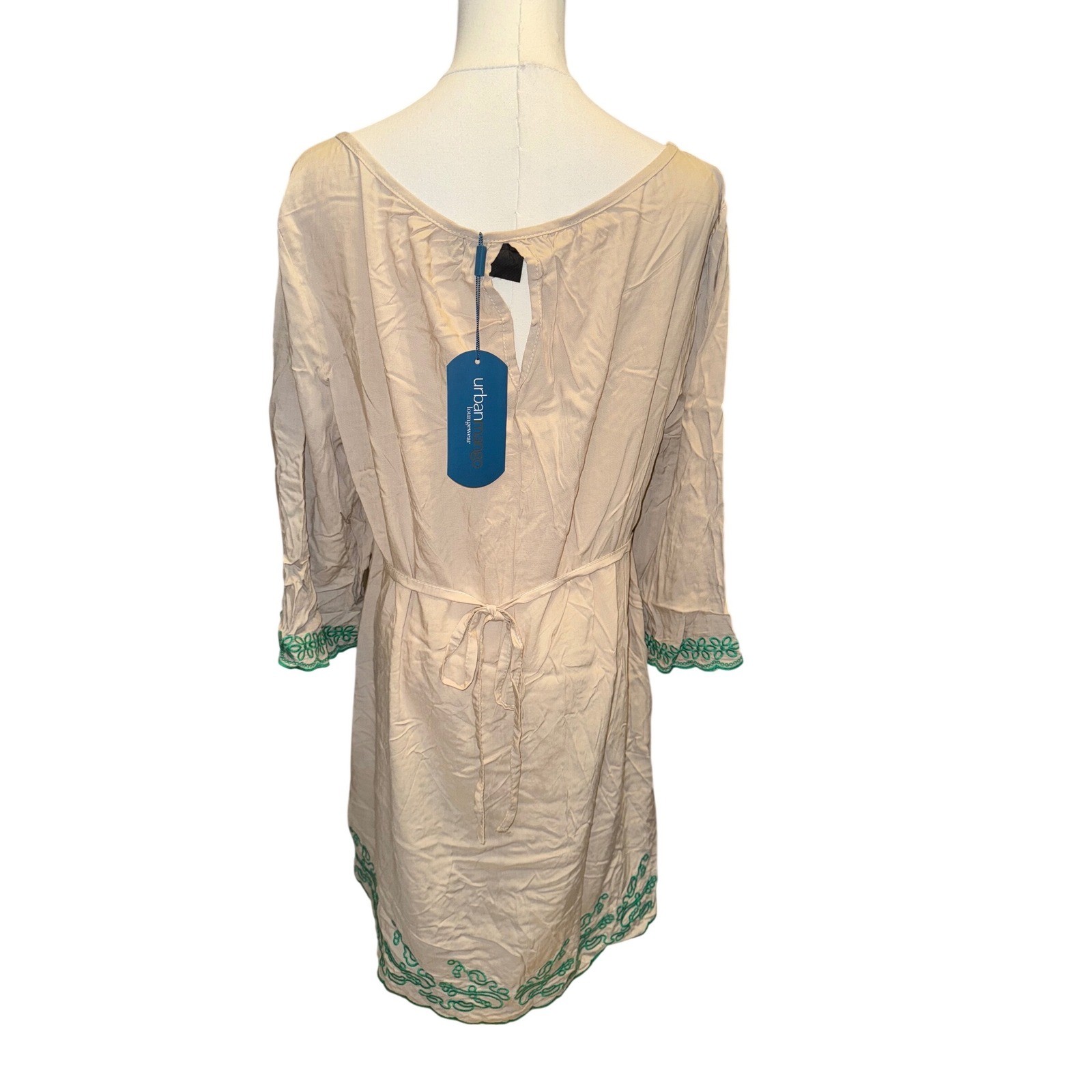 Urban Mango Women Beige Green Embroidered Cotton Tunic Dress Large NEW