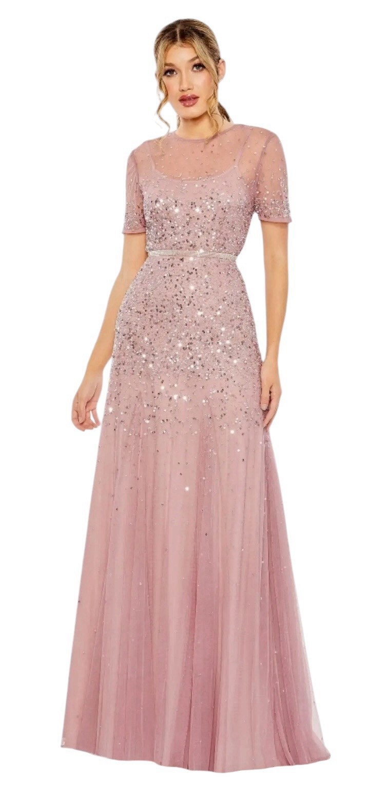 Mac Duggal 93909 Short Sleeve Embellished Tulle Gown Rosewood Size 12 $598