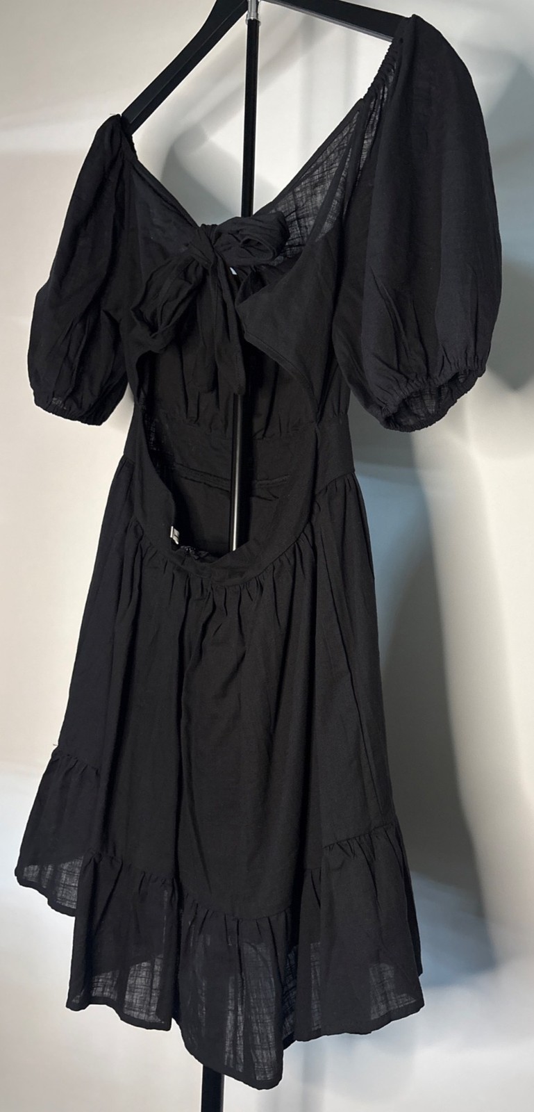 SHEIN Midi Black Backless Cut Out Puff Sleeve Tie Back Smocked Waist Ruffled Hem