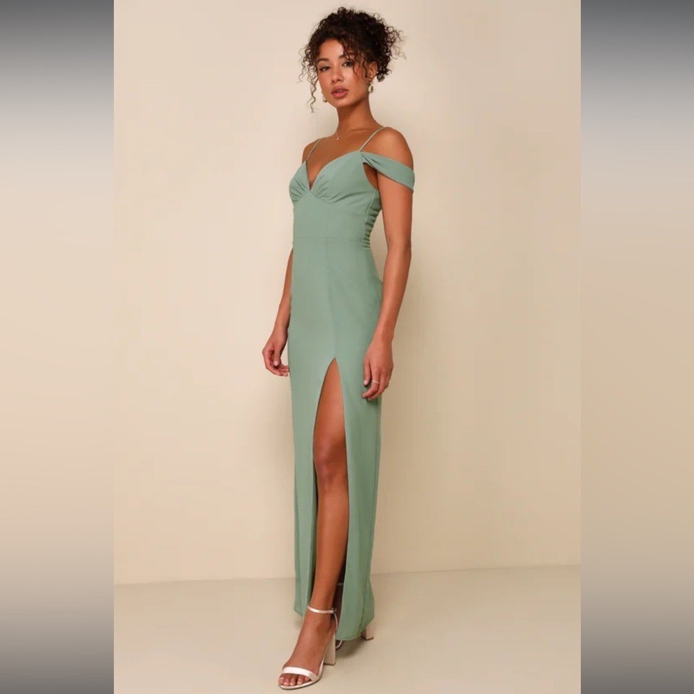 NWT- Lovely Enchantment Sage Brush Cold-Shoulder Column Dress