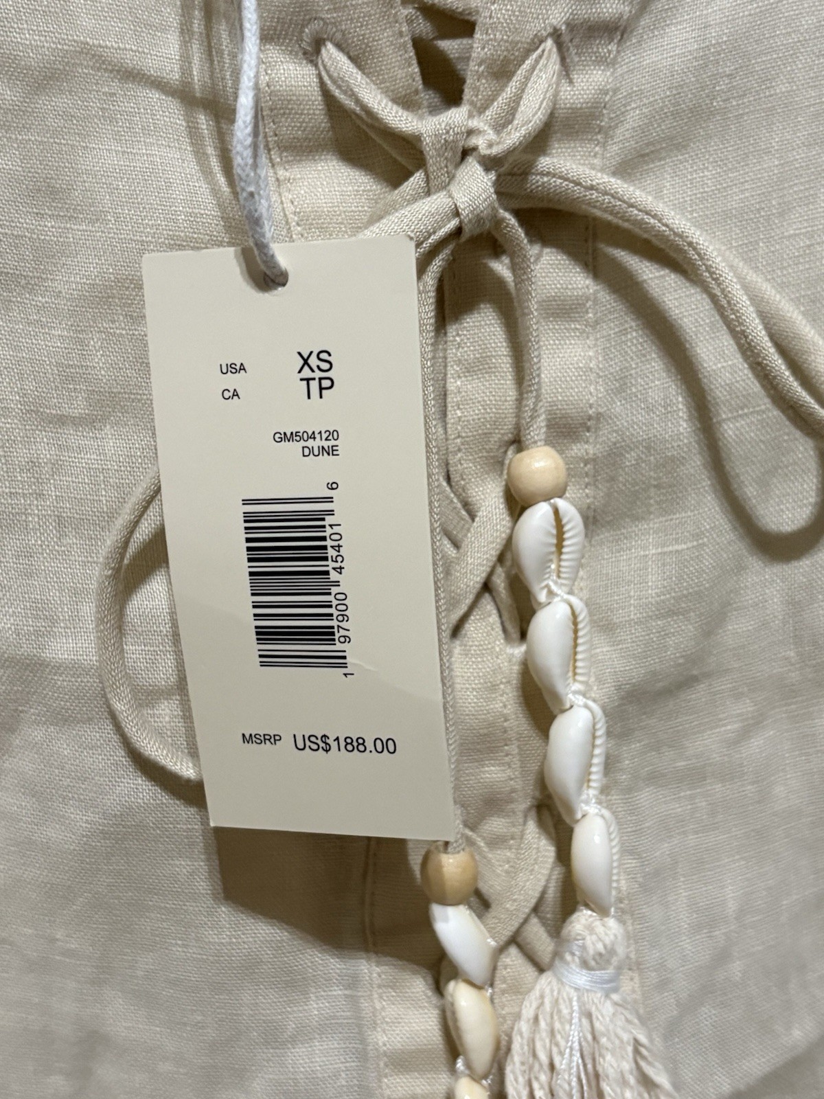 Magaschoni Oatmeal Linen Peasant Shift Dress XS NWT Shell Tassel Oversized