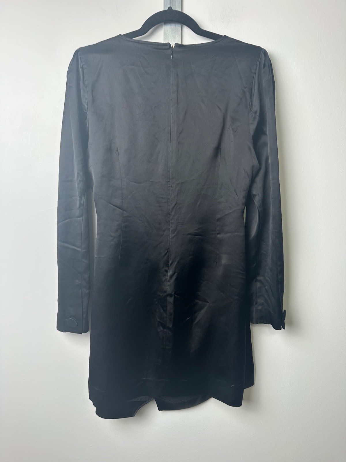 Grlfrnd L Button-front Mini Silky Dress Long Sleeve Wrap Front Black Satin B4