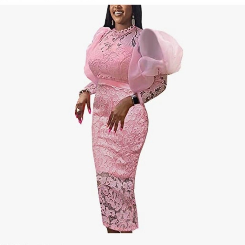 AOMEI Women’s Pink Floral Lace Long Puffy Sleeve Pencil Glinda Dress