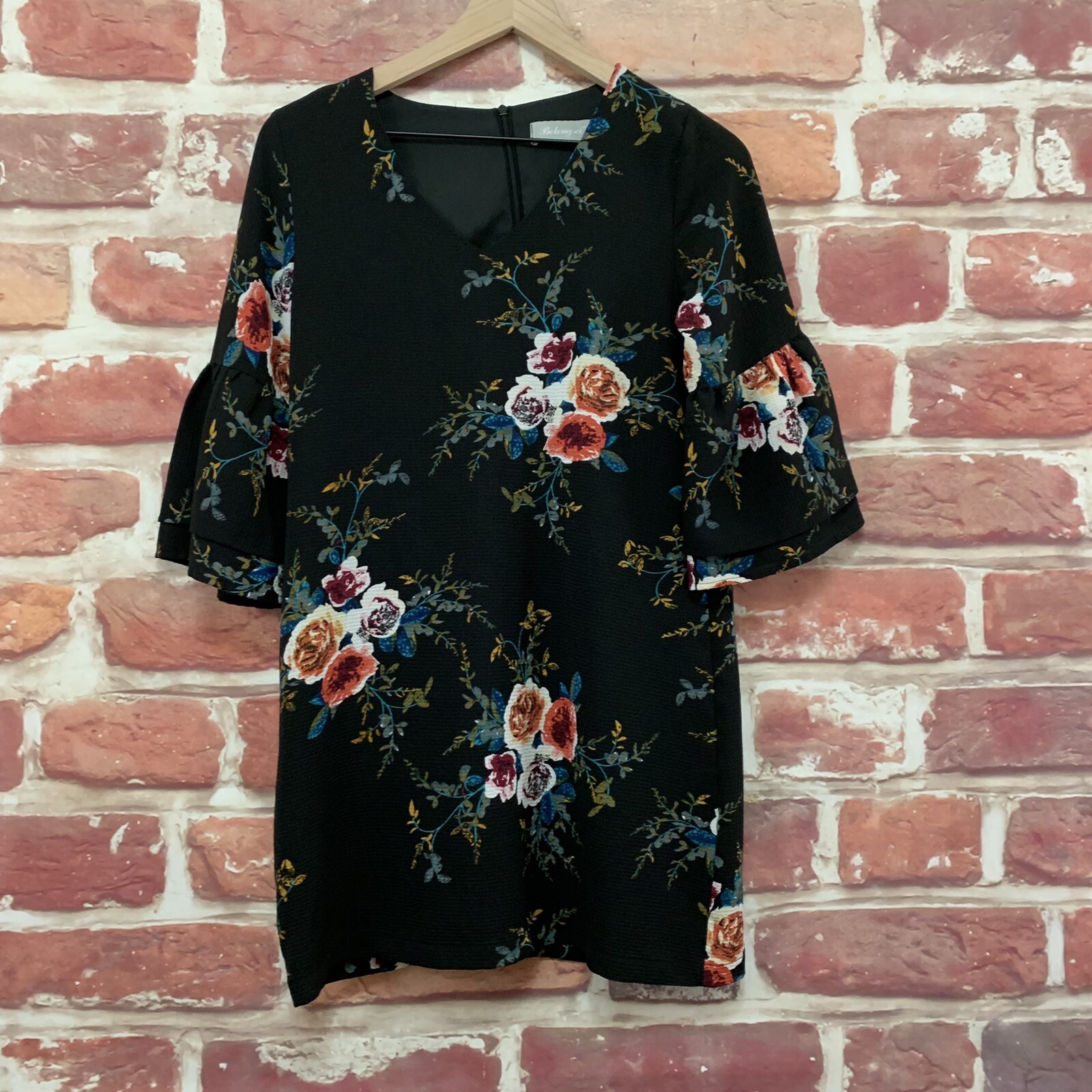 Belongsci Dress Womens Small Black Multicolor Floral Tiered Sleeve Zip Up