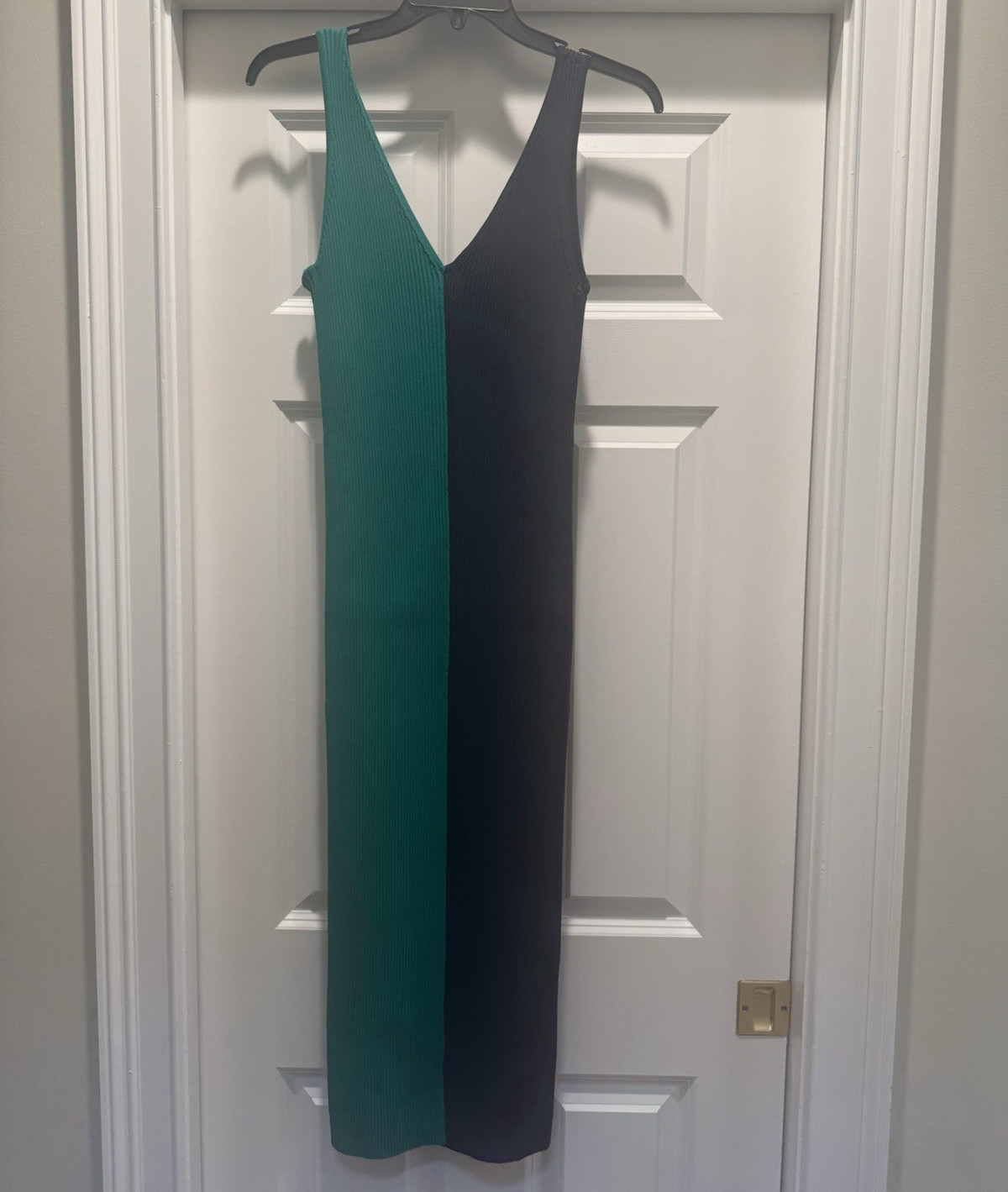 STAUD Colorblock Ribbed Knit Midi Dress Green Black V-Neck Sleeveless L