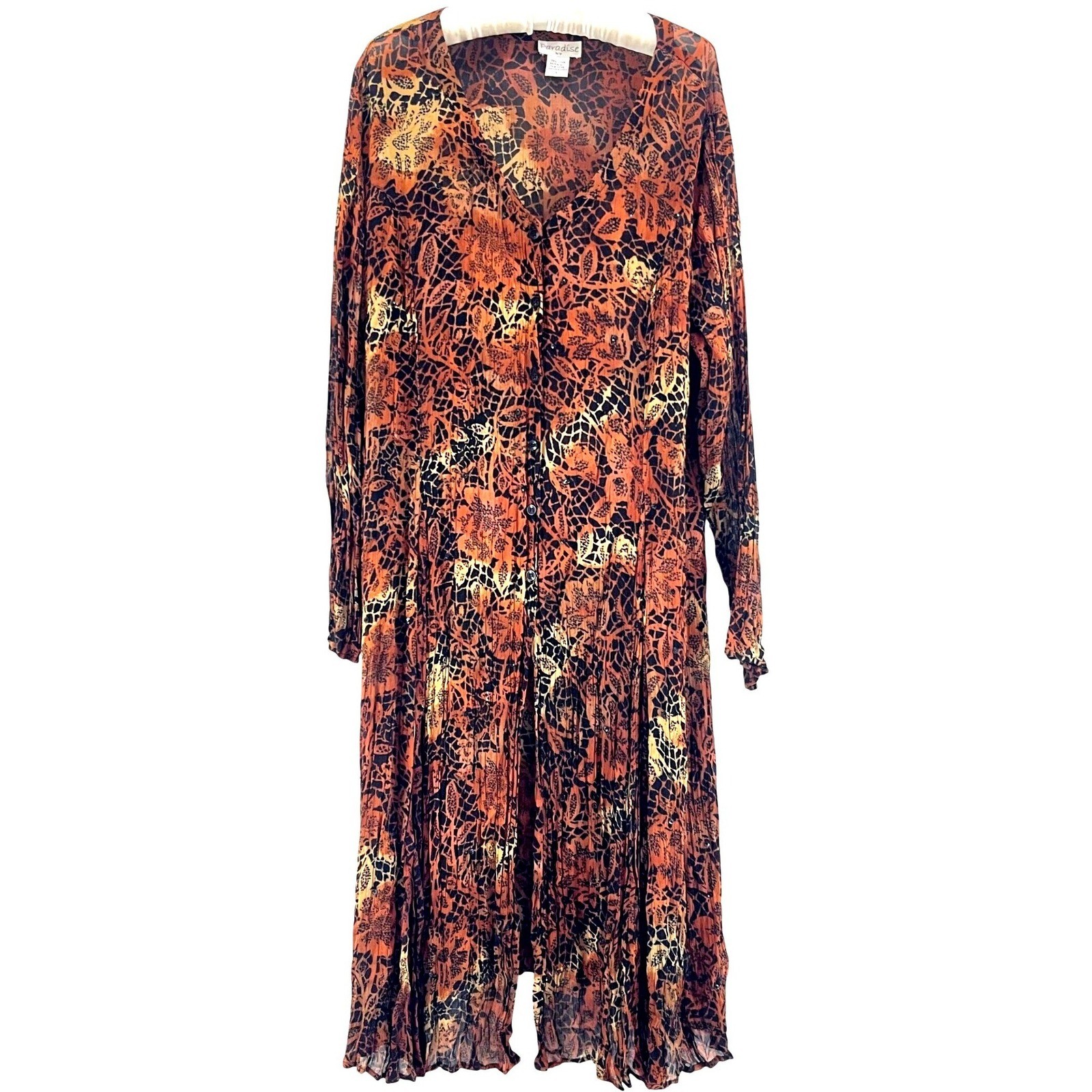 Boho Crinkle Duster Dress Womens L Brown Sequin Sheer Button Front 90s Festival