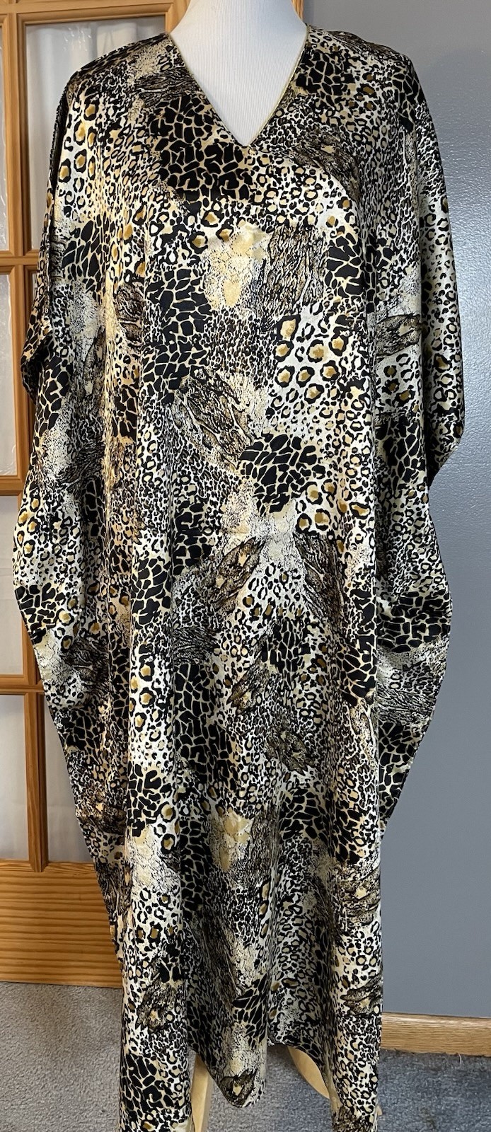 Leopard Print Satin Kaftan Maxi Dress OSFM Beige Black Caftan Boho Safari