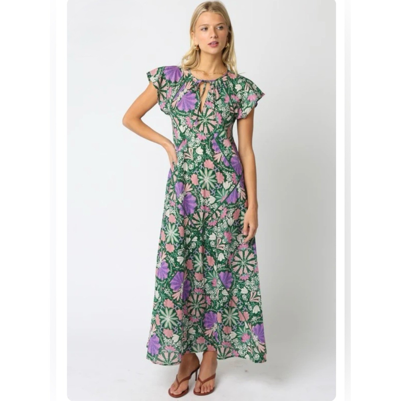 Olivaceous || Floral Maxi Dress Cotton Ladder Stitch Tie Green Purple M NWT