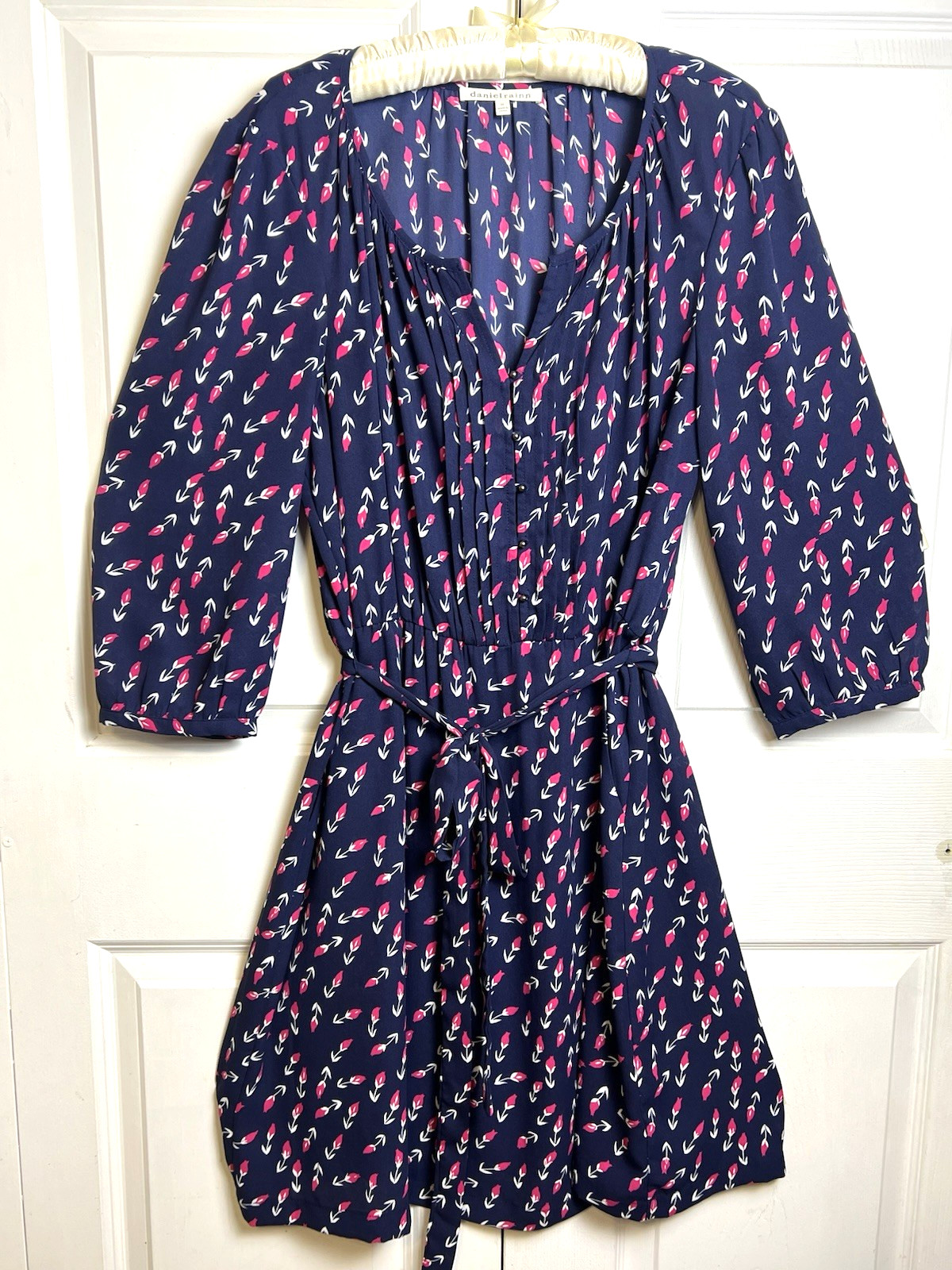Daniel Rainn Sz XL Navy Pink White Floral Midi Dress Long Sleeve Pintuck Bodice