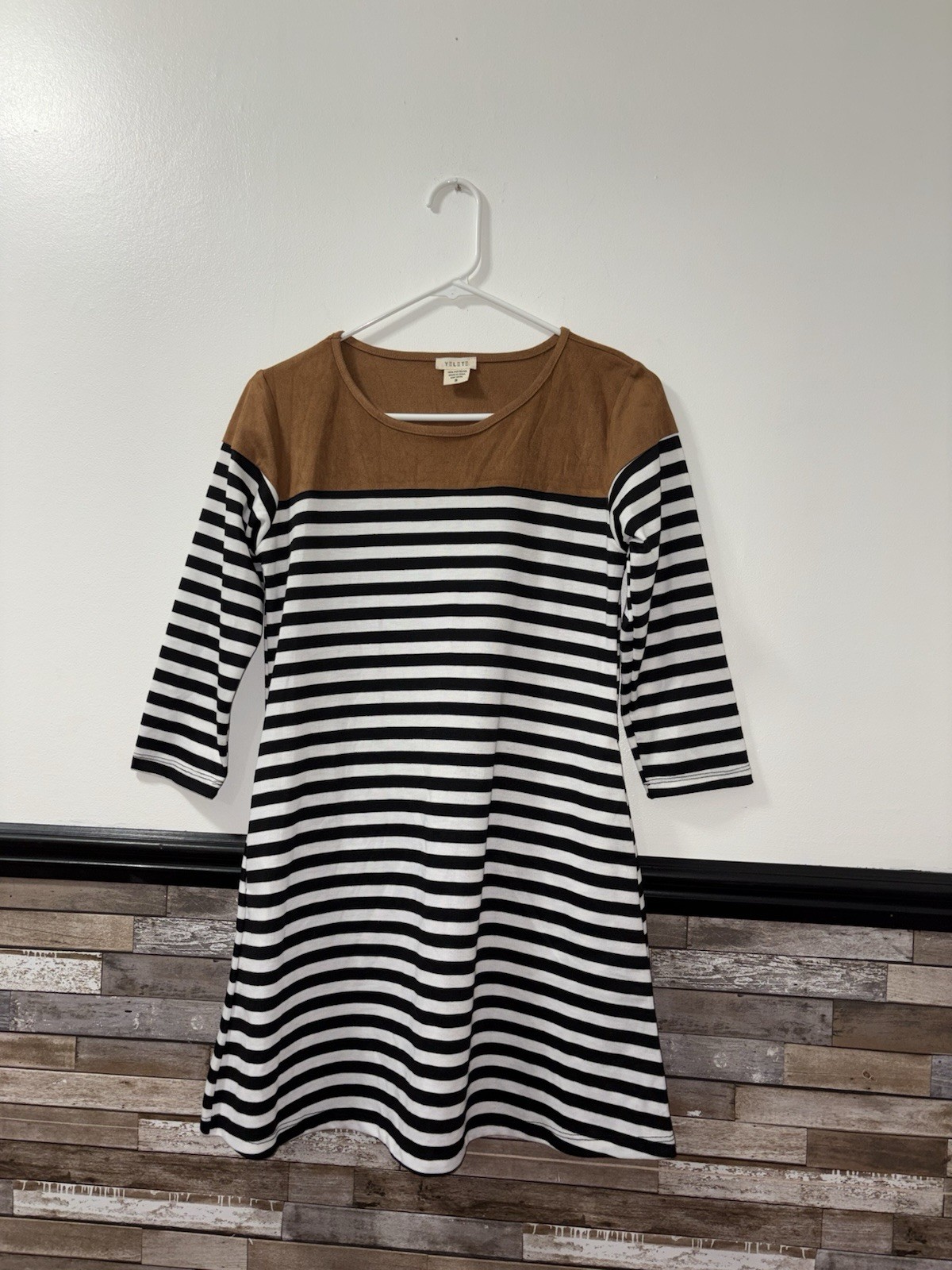 Yelete Black & White Striped Dress With Faux Suede Panel Size Small