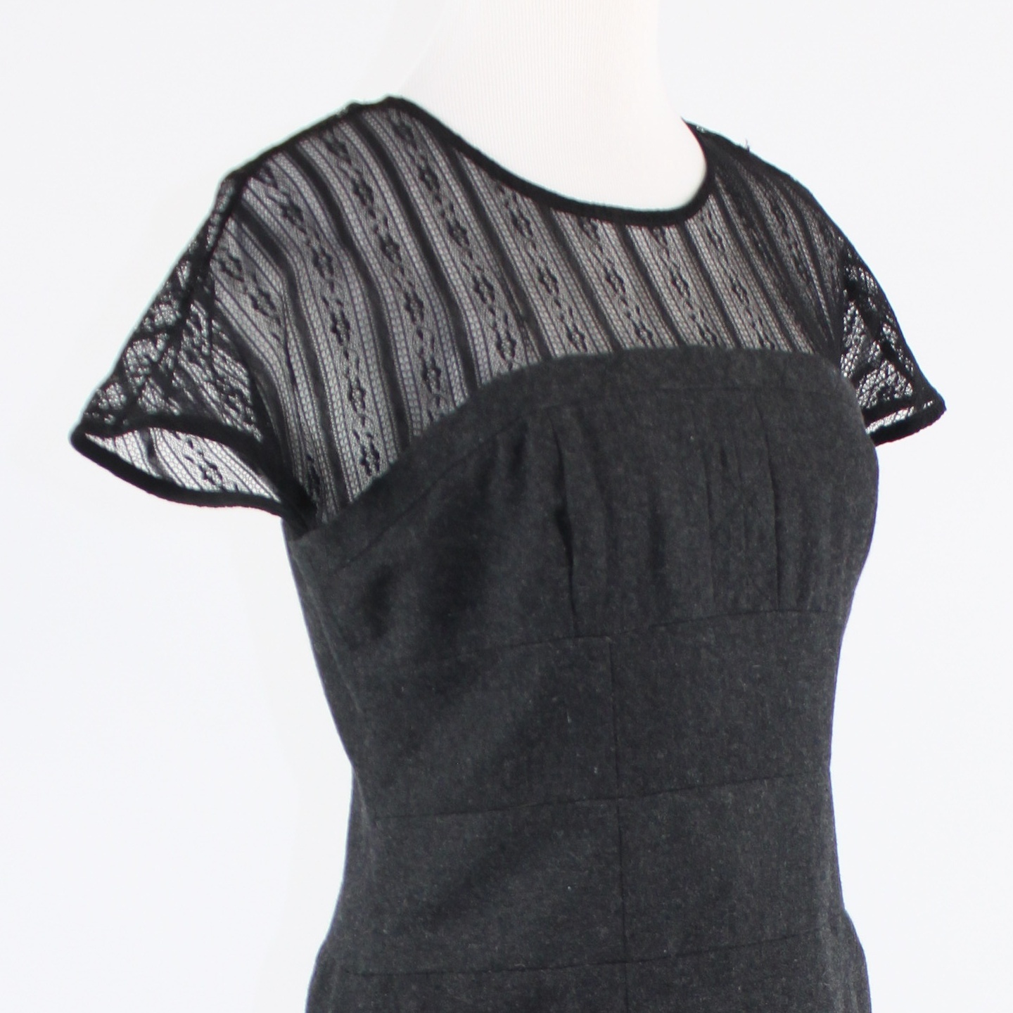 Charcoal gray TULLE black sheer lace neckline cap sleeve sheath dress L