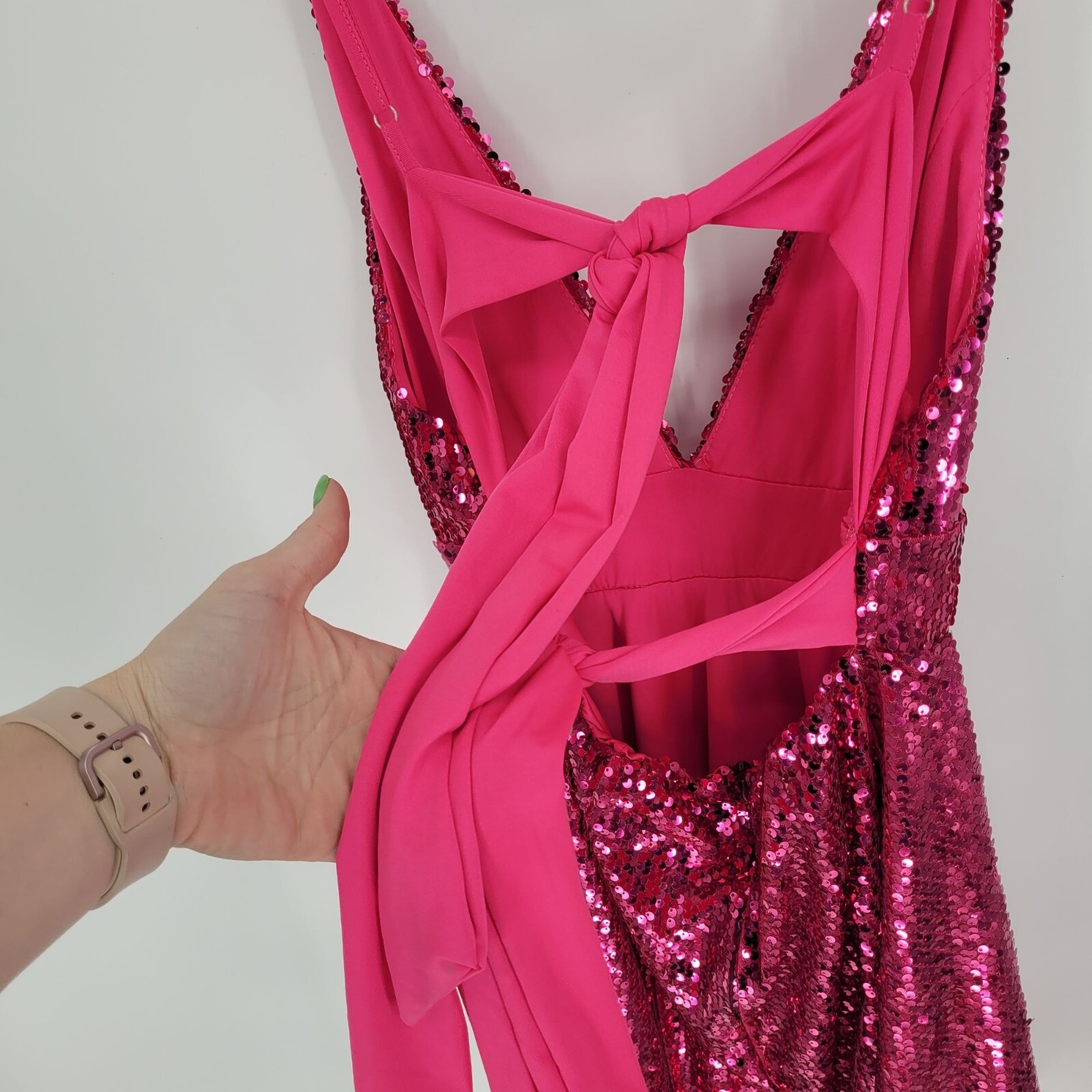 Pink womens Large sequin v neck tie back speghetti strap party mini dress