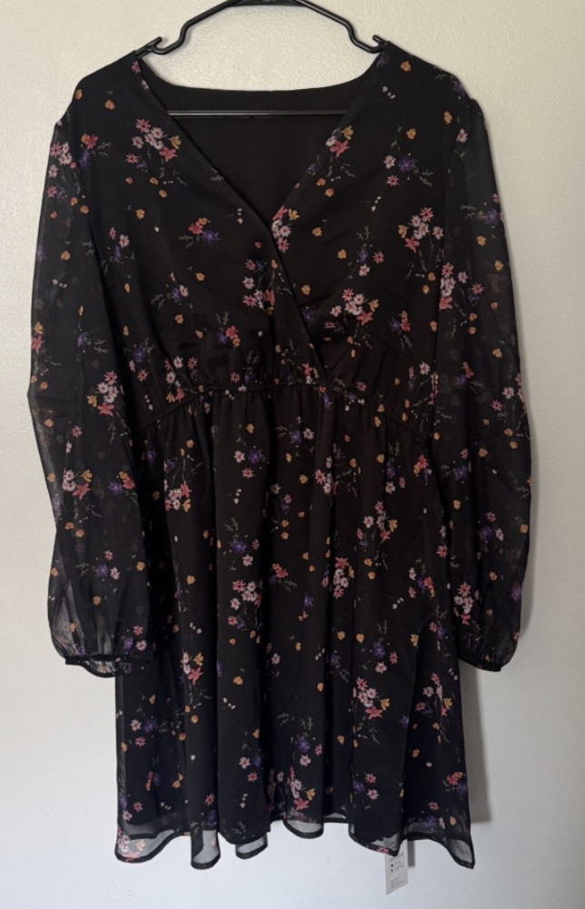 CUPSHE Women’s XL Black Floral V-Neck Chiffon Mini Dress Long Balloon Sleeves