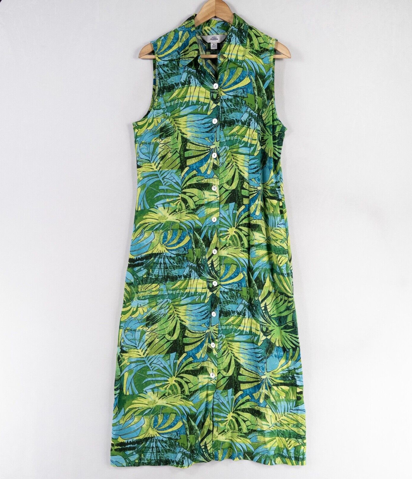 Vintage AKS Amy K Su Maxi Dress Womens Sz 12 Blue Green Leaf Print Lyocell Blend