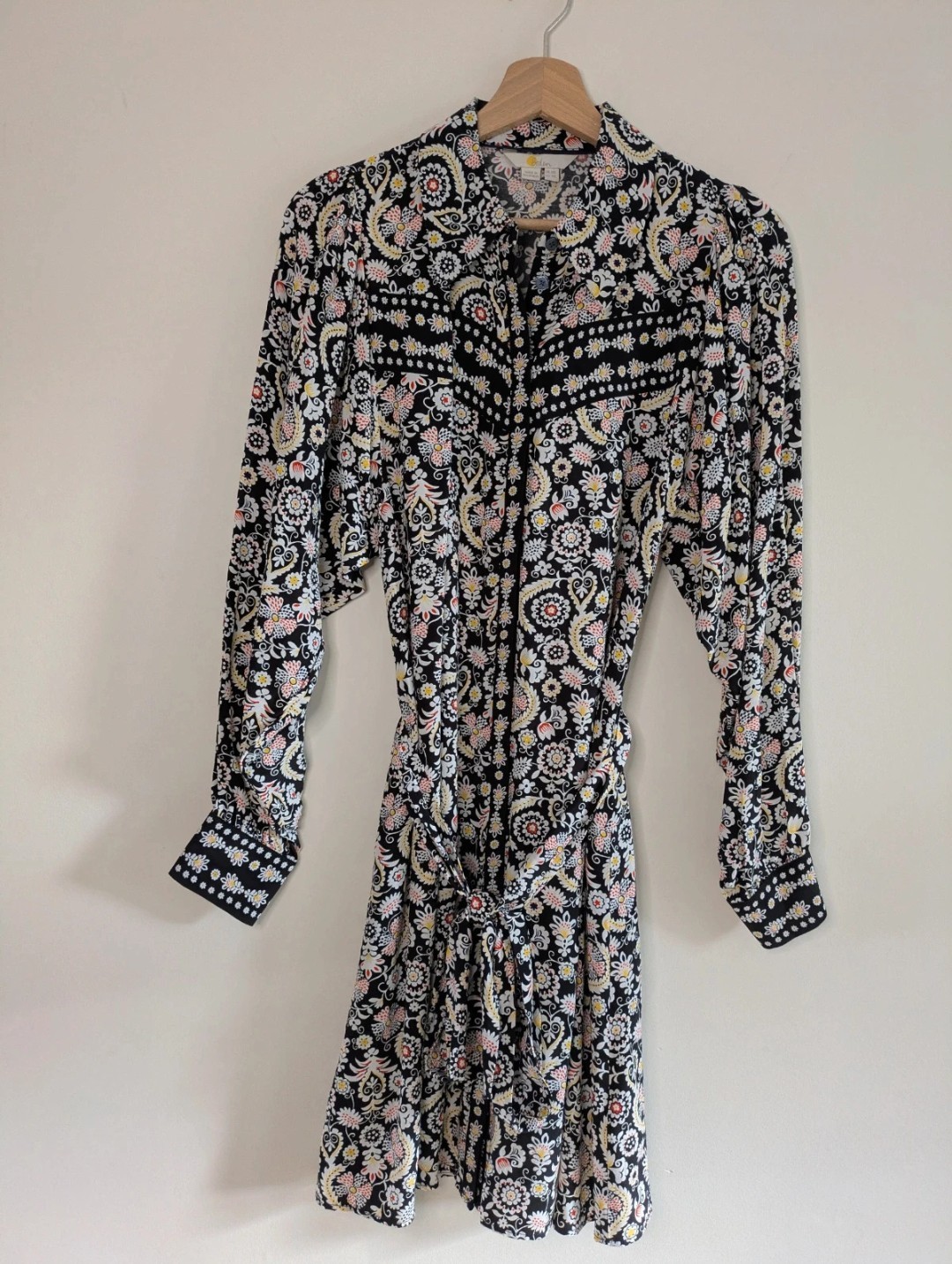 Boden UK 8 Paisley Coloured Mini Shirt Dress Floral Tie Waist Long Sleeve Black