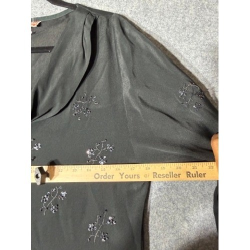 Moonglow Black Beaded Silk Cowl Neck Mini Dress Size M 3/4 Bell Sleeve Boho Goth