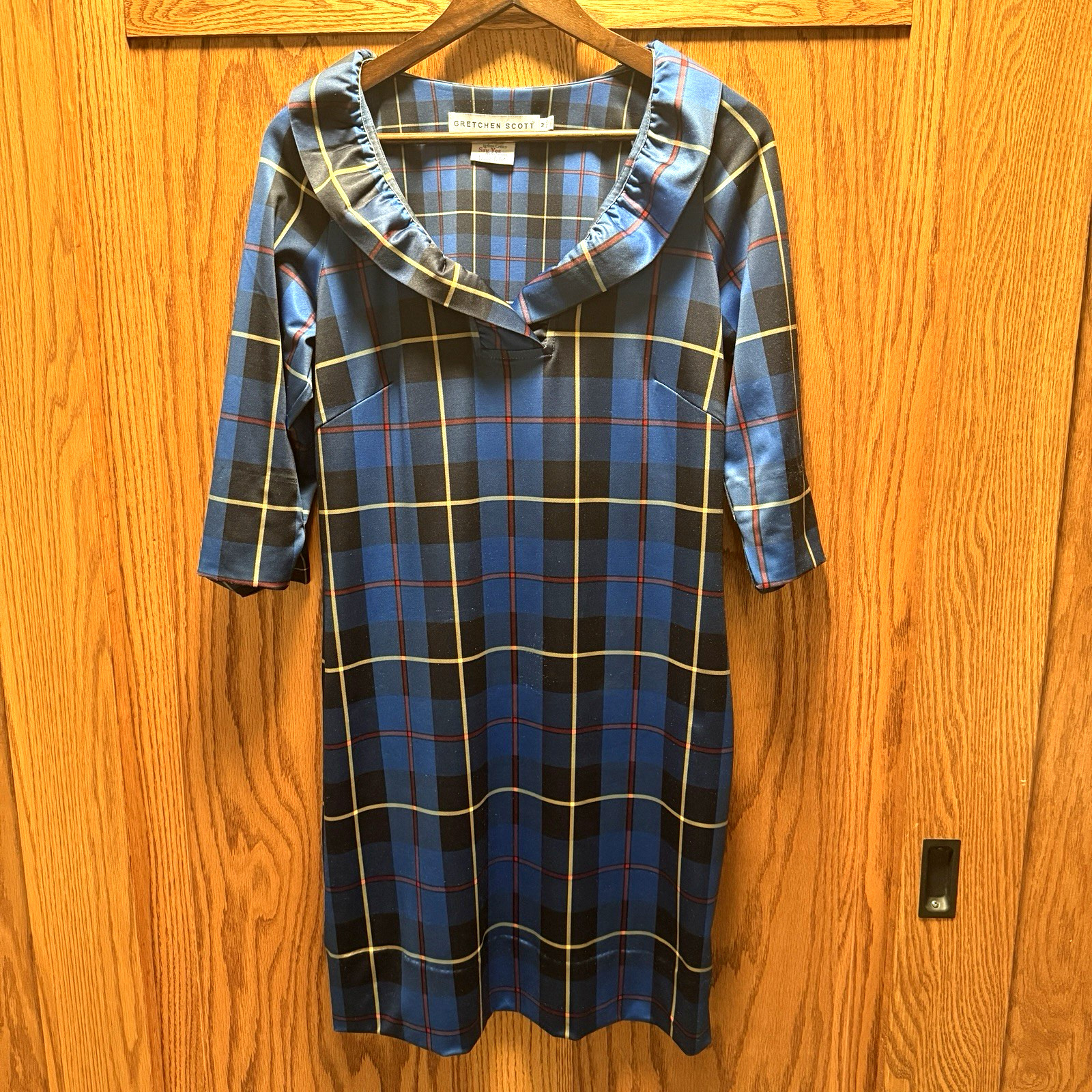 Gretchen Scott Dress M Plaidly Cooper Ruffle Neck Blue AS IS READ Ret. $219