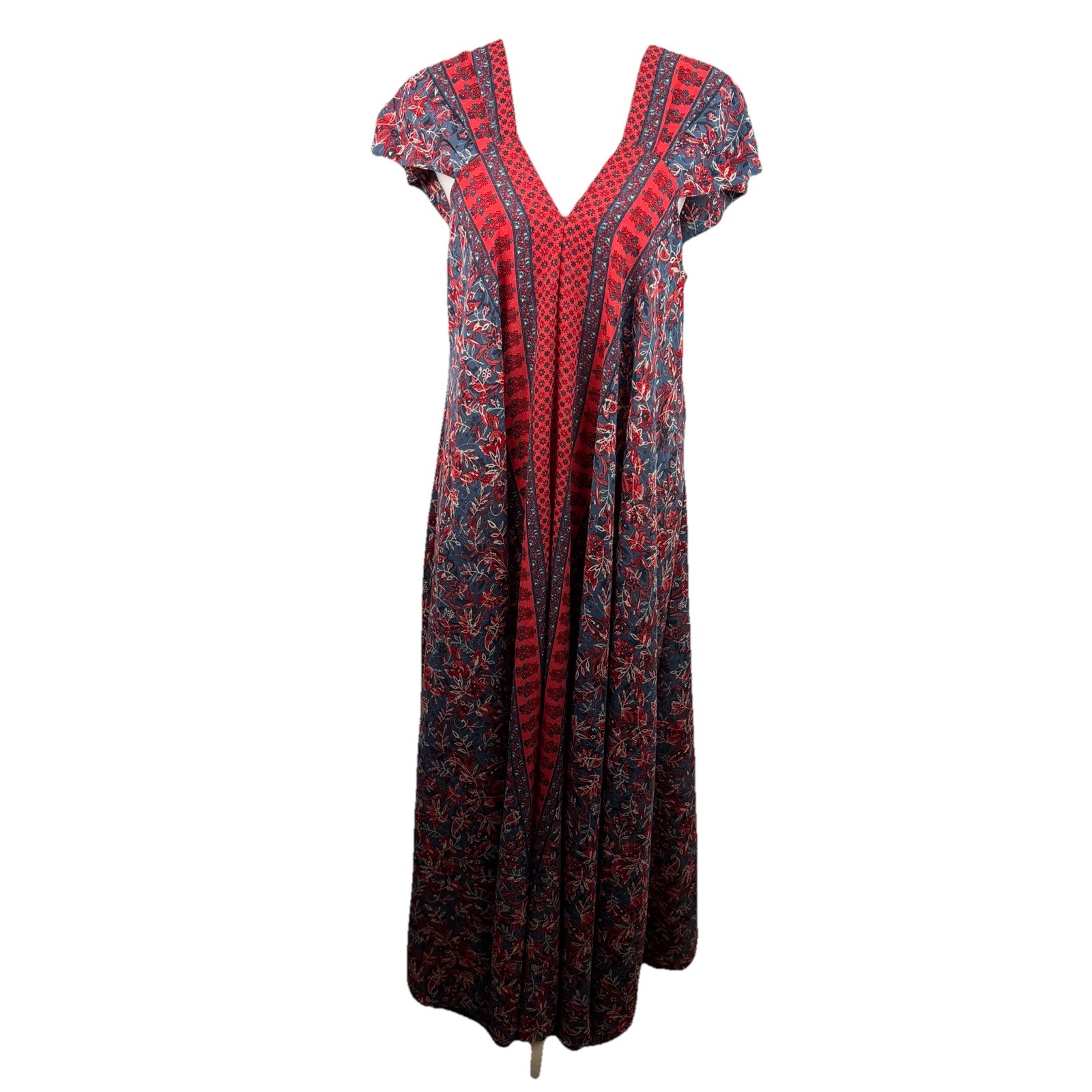 Anthropologie Boemo Size Large Red Pink Gray White Multi Print Maxi Dress Boho