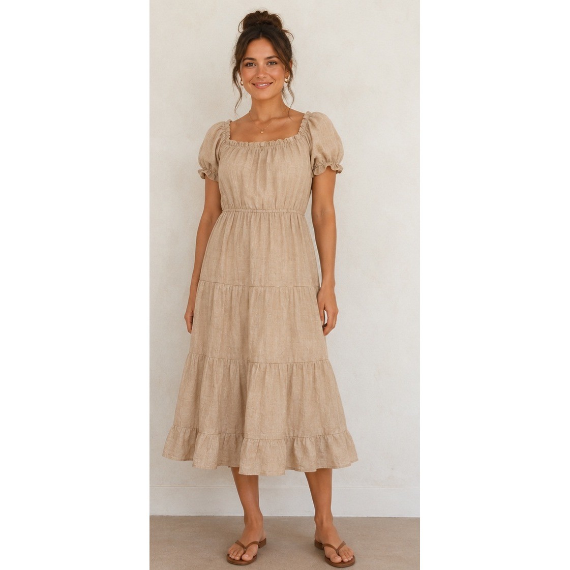 Indigo Rose Womens Linen Blend Puff Sleeve Tiered Midi Dress Cottagecore Boho