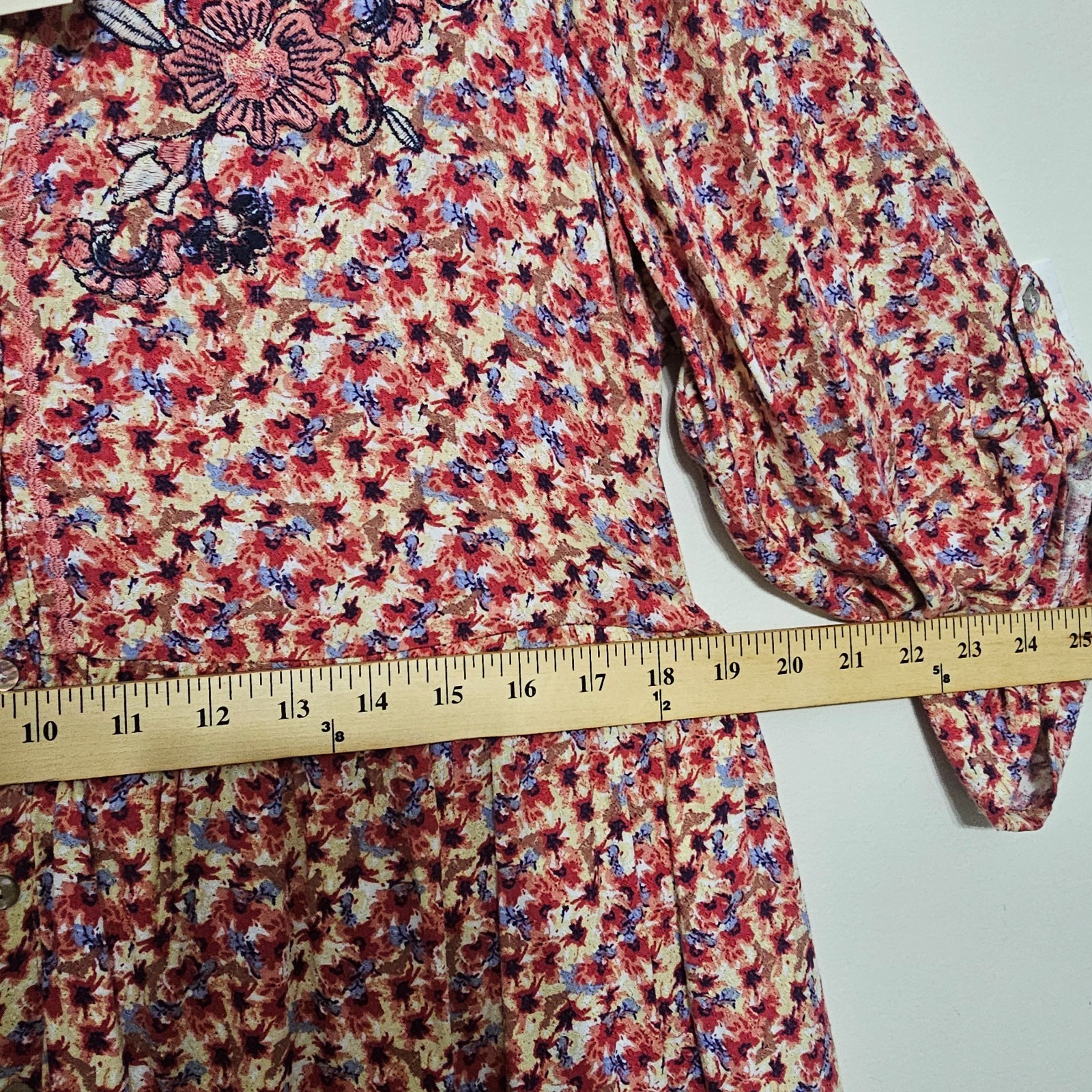 Nurture Dress Medium Yellow Brown Multicolor Shift Long Sleeves Front Button 934
