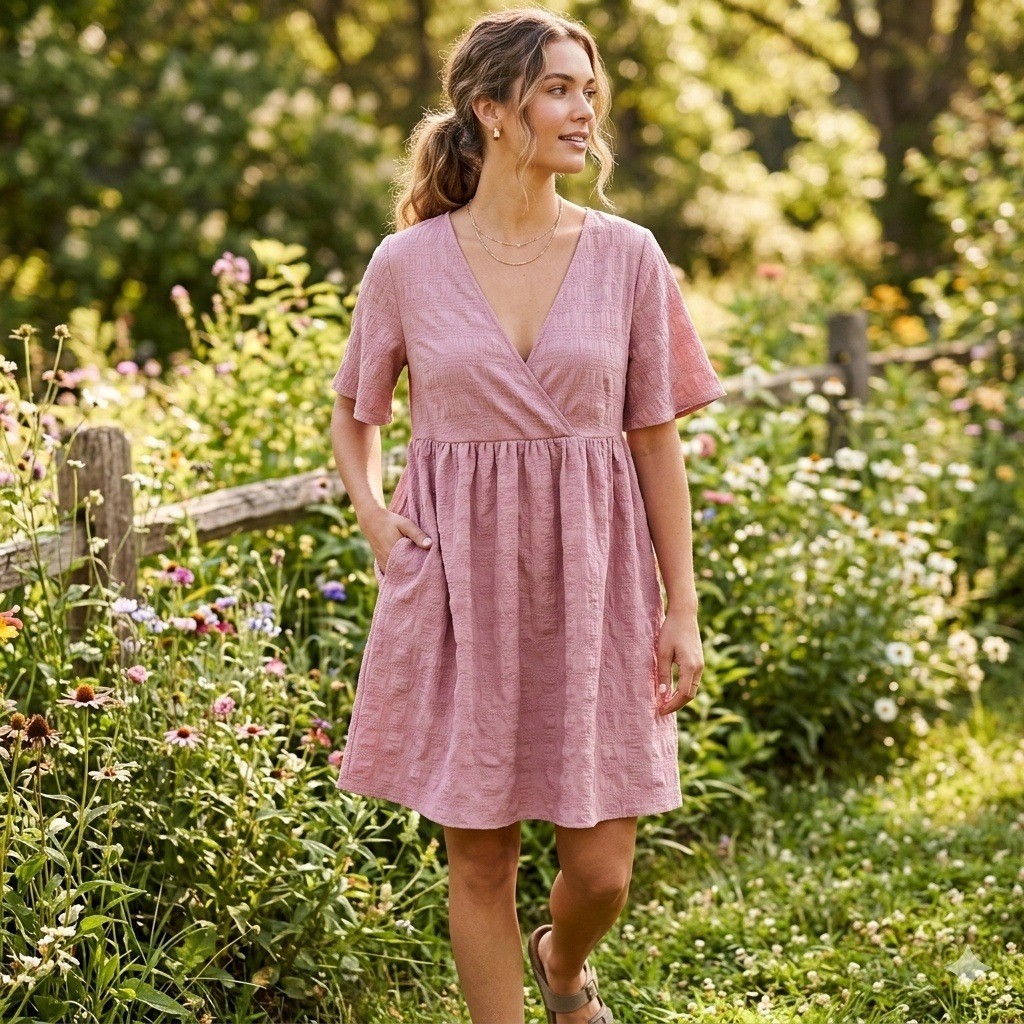 Nordstrom Rack Pink Textured Wrap Style Babydoll Dress Women’s Size Small New
